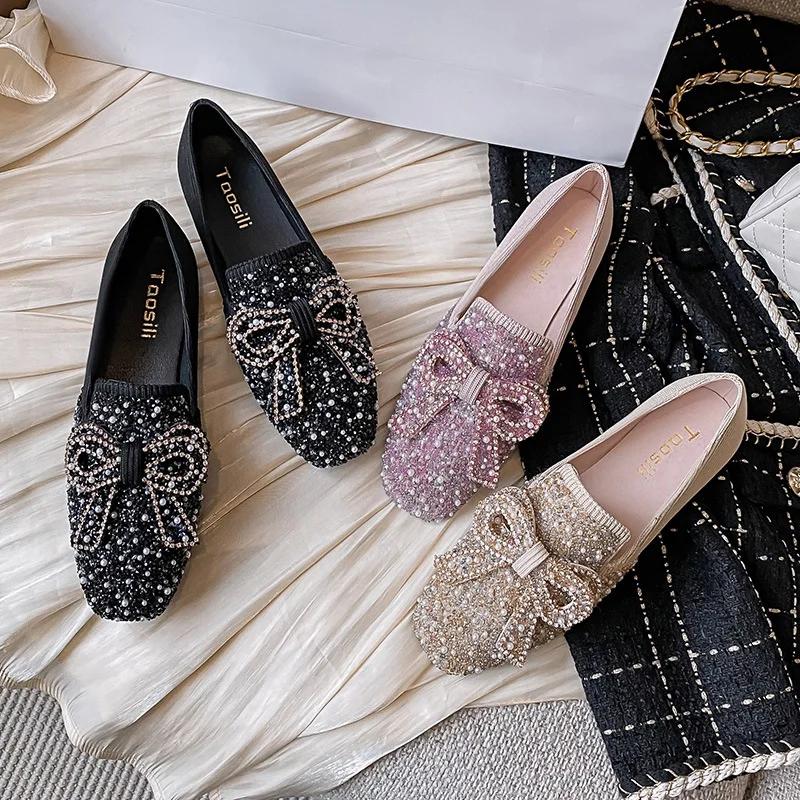 Fashion Flat Shoes for Women Autumn New Bow-knot Pearls Women Shoes Flats Retro Light Slip On Casual Loafers Zapatillas Mujer