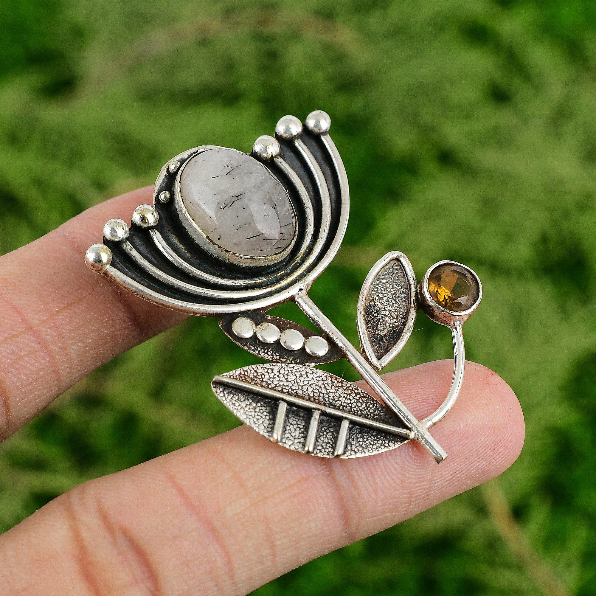 

Sterling Silver Black Rutilated Quartz Gemstone Citrine Lotus Pendant Jewelry