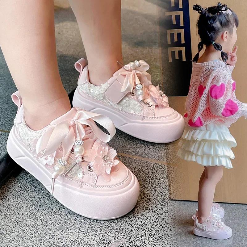 2025 Designer Lovely Flower Girls Spring Outing Anti Slip Casual Shoes Sweet Versatile Thick Soled Kids Sneakers Zapatillas Niña