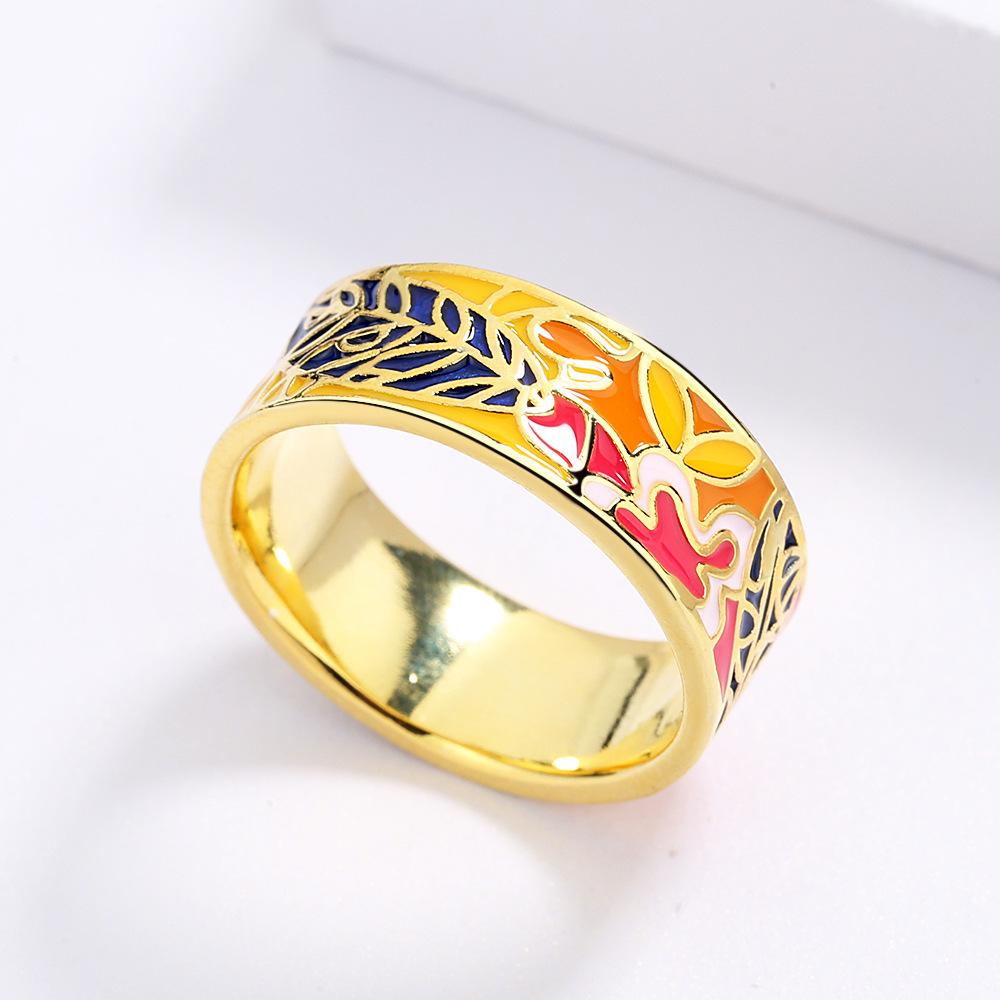 Korean Style Geometric Floral Pastoral Japanese Colored Glue Drop Enamel Ring for Women