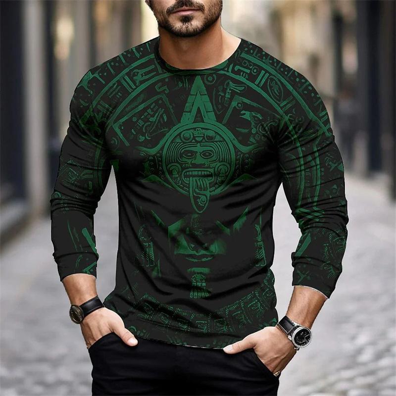 Round Neck 3D Aztec Graphic Printed Casual Long Sleeved Men's T-shirts - Soft Medium Stretch Polyester Fabric Spring and Autumn Relaxed Fit Clothing