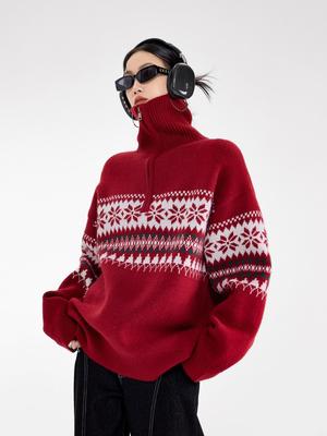 Unisex Roter Fair Isle Pullover mit halbem Reißverschluss für Herbst/Winter – High-End Strickwaren Cardigan Trend