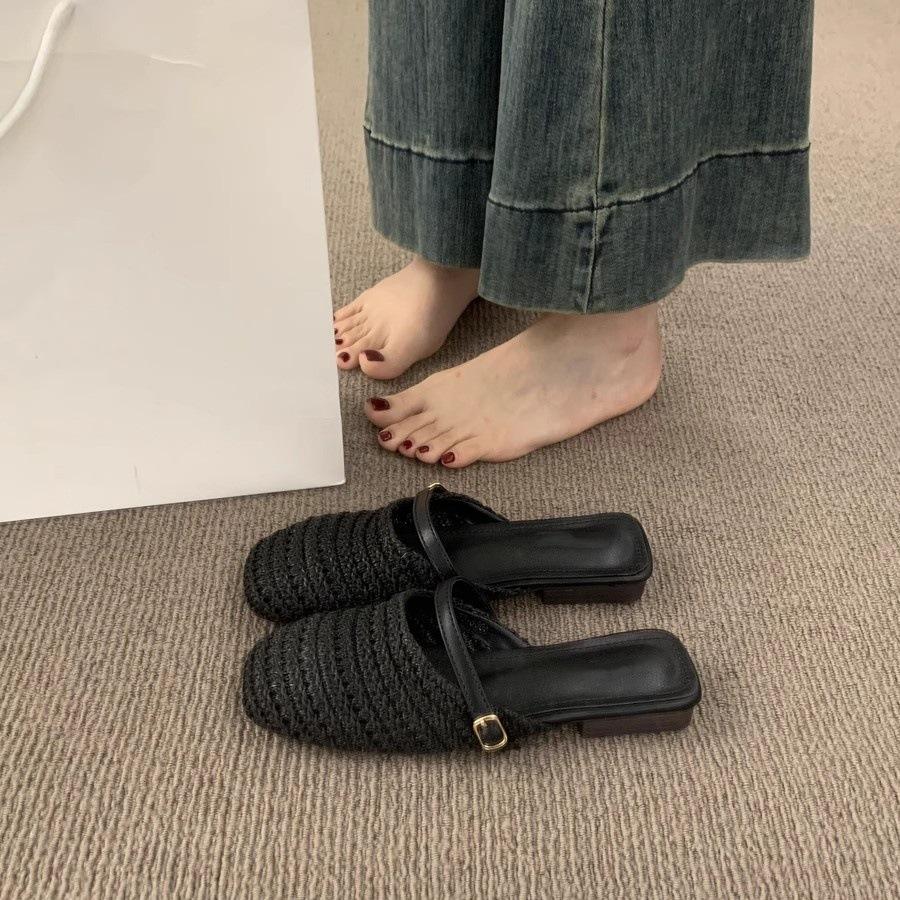 Breathable Woven Bag Head Half Slippers, Women's Summer Wear Is Not Tired, Flat Feet and One Pedal Lazy Cool Slippers