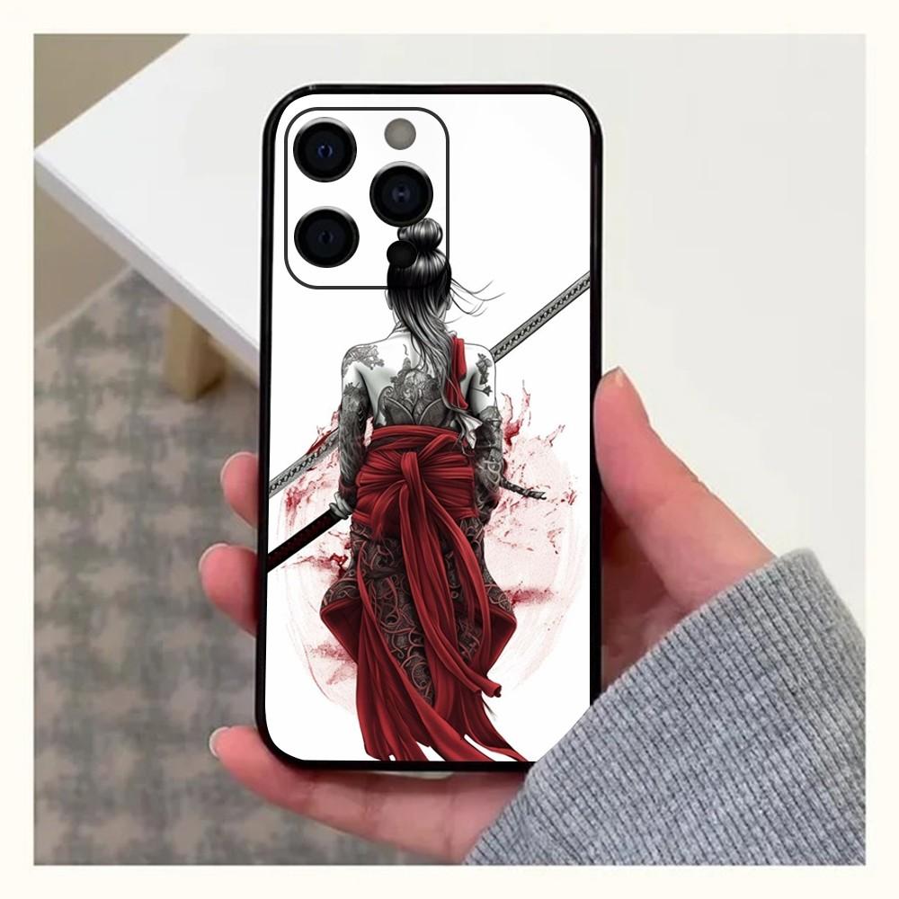 Samurai Warrior Geisha Phone Case For Apple iPhone 15,14,13,12,11,Pro,X,XS,Max,XR,Plus,Mini Soft  black shell