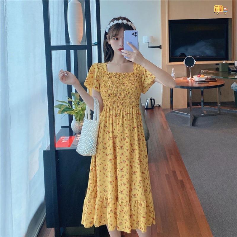 Moda Estiva Abito Casual a Maniche Corte da Donna Vita Elastica Stampato Floreale A-line Abito Midi Abito in Chiffon da Donna