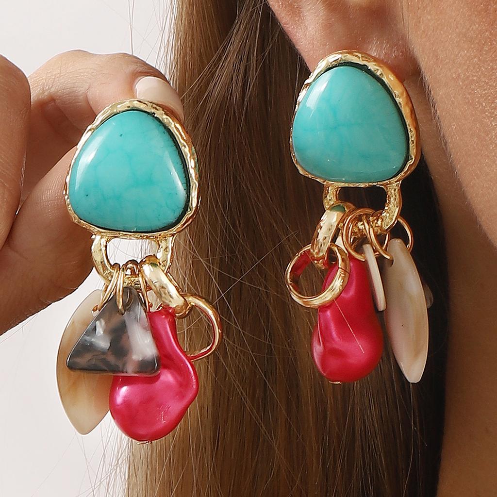 European American Retro Ethnic Style Earrings Za Trend Design Irregular Geometric Resin Beaded Drop Earrings For Women