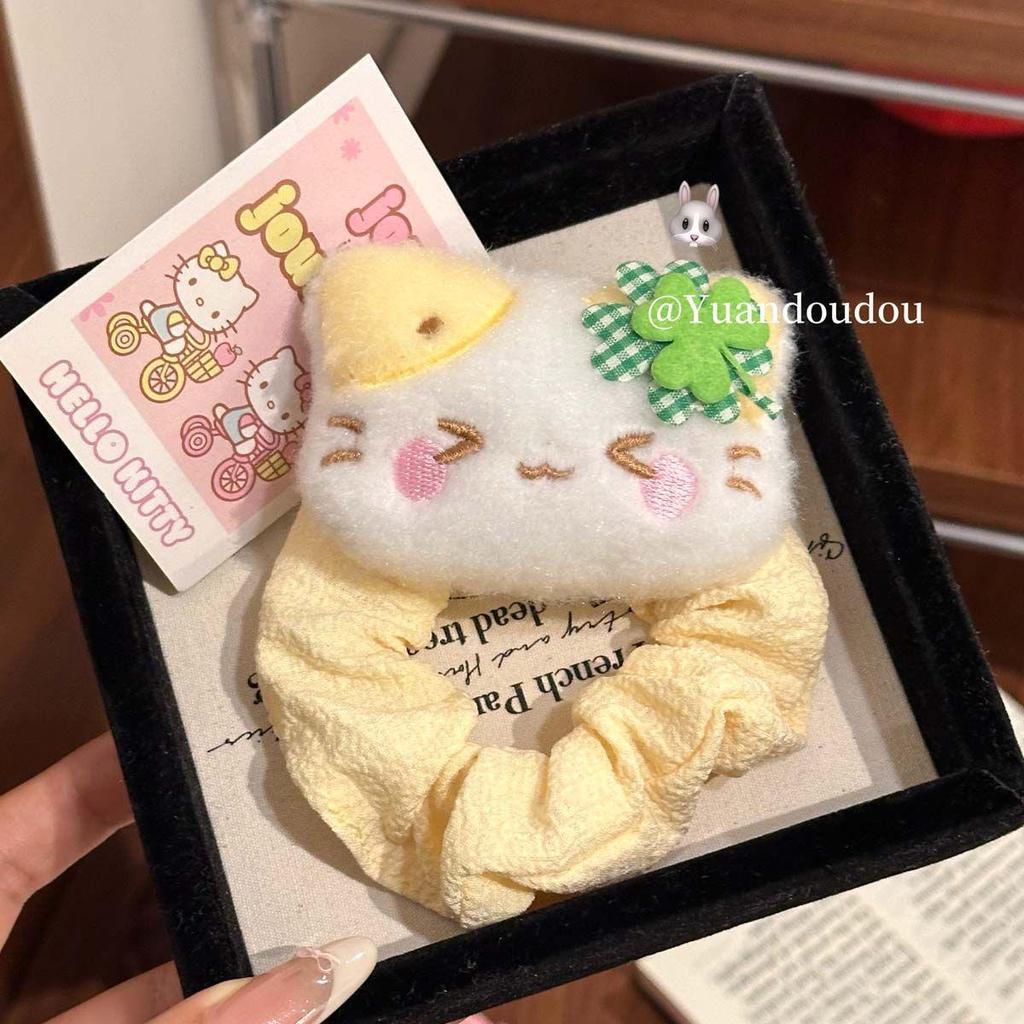 Glücksklee Kätzchen Scrunchie: Niedliches Cartoon-Katzen-Haargummi für Schüler