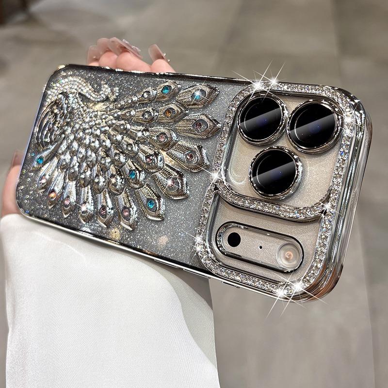 Luxury Plating Peacock Glitter Diamond Phone Case for 17 Pro Max Air 17 Pro 16 15 14 13 Soft Clear TPU Lens Film Cover