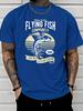Unisex Black Tee Vintage Flying Fish Fishing Retro Art Print Short Sleeve Loose Casual Basic Top For Adult Male Daily Wear Outfit