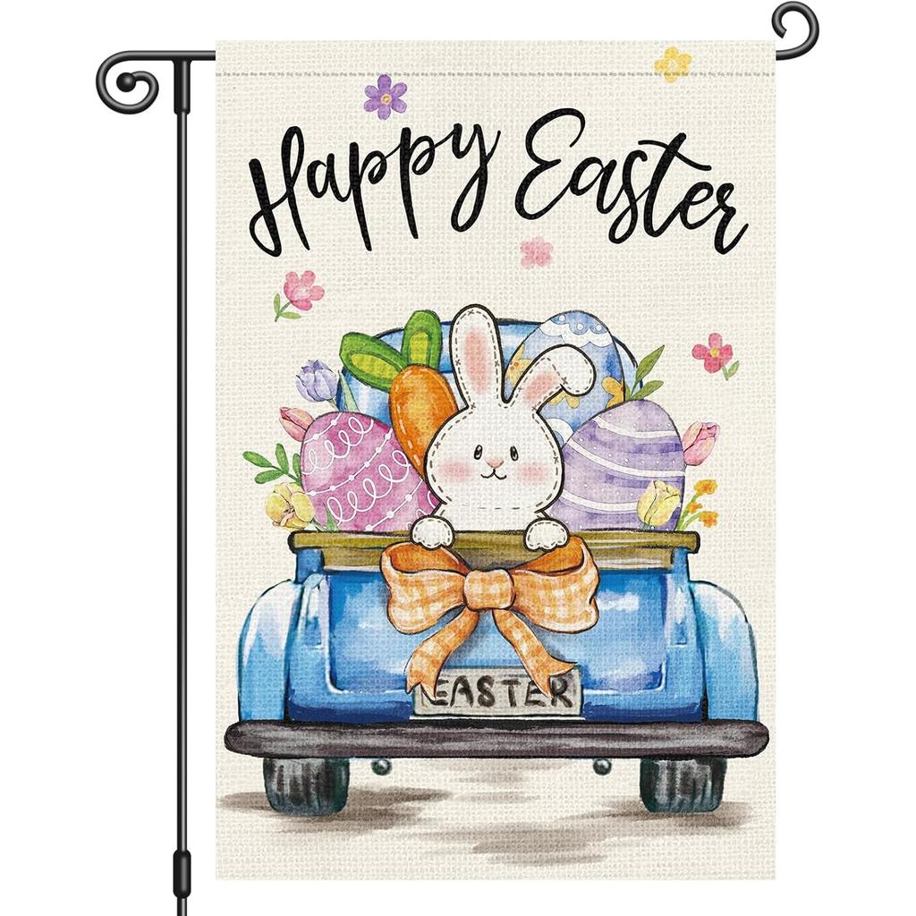 Happy Easter Bunny Garden Flag | Double Sided Funny Eggs Truck Design, Polyester Material, Suitable for Outdoor House and Farmhouse Decorations