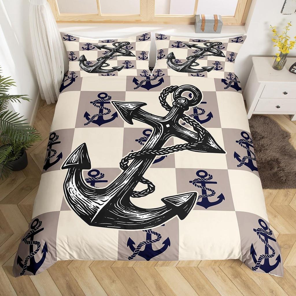 Nautical Anchor Duvet Cover,Geometric Stripes Anchor Bedding Set Twin For Boys Girls Room Decor,Ocean Adventure Comforter Cover