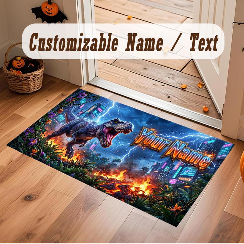 Dinosaur Theme Soft Crystal Velvet Rug Custom Name & Text Print Non Slip Floor Rug for Bedroom Living Room