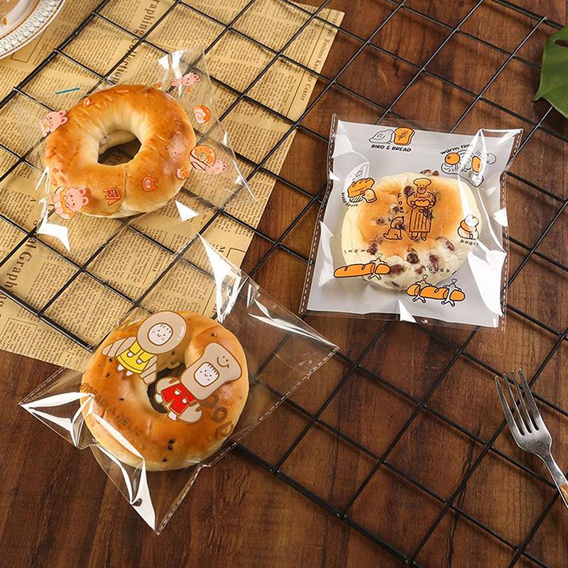 Cartoon Bread Storage Bags Self-Sealing Clear Plastic Packaging Bags For Sliced Bread Donuts Bagels Buns Resealable Bakery