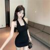 Socialite style chain halter tie evening dress with spaghetti straps, summer pure and alluring sexy backless waist-cinching dress