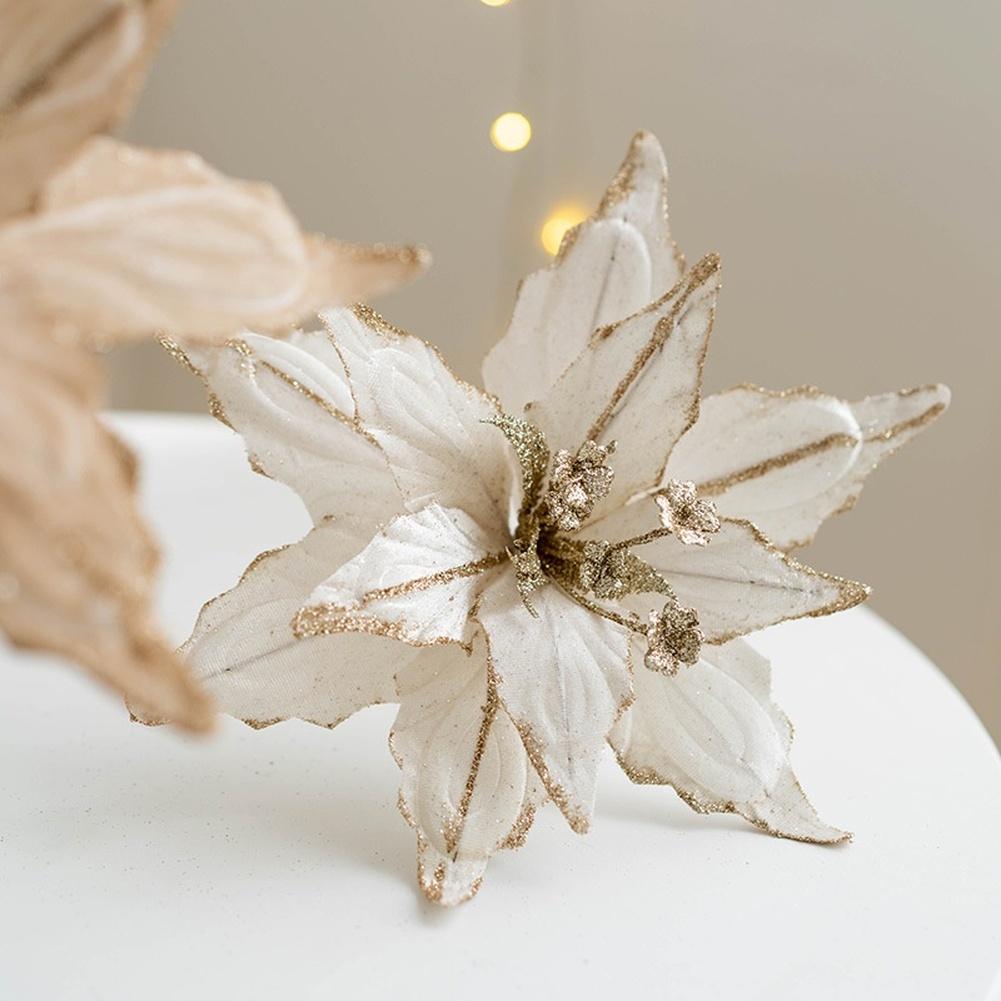 Christmas Festivities Glitter Flocked Flowers Velvet Decorative Flowers Lifelike Holiday Flower Decoration For Christmas Trees