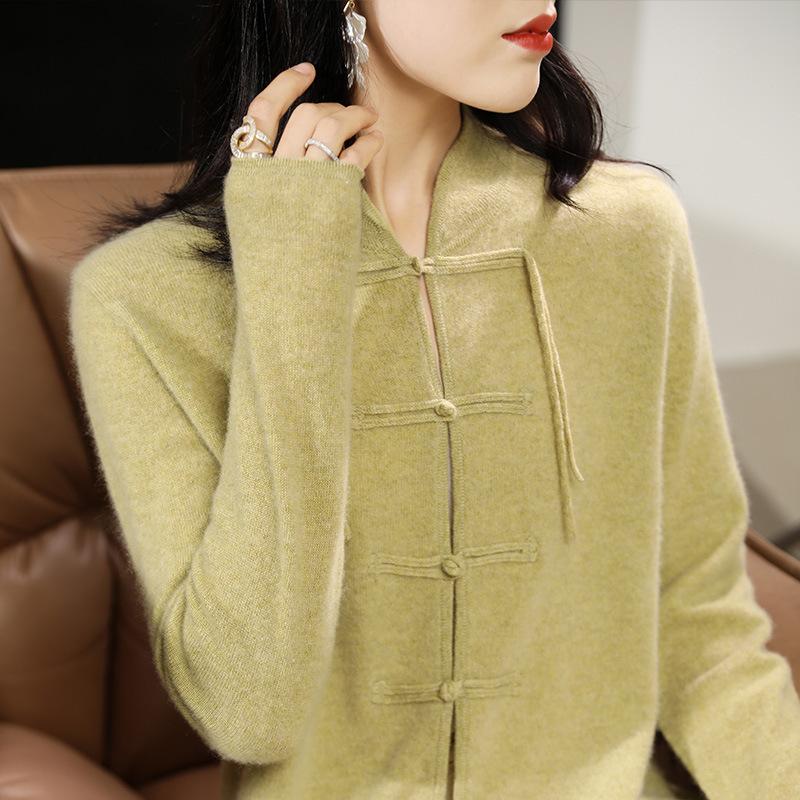 Cardigan de lână de sine stătător în stil chinezesc pentru femei Toamna și Iarna Top tricotat nou din cașmir Jachetă de lână cu nasturi retro versatilă