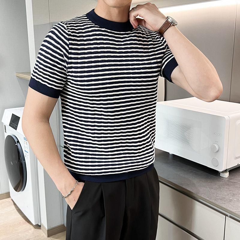Basic Striped Short Sleeve Pullovers Men's Contrasting Colors Summer Korean Fashion Casual Knitted T-shirts