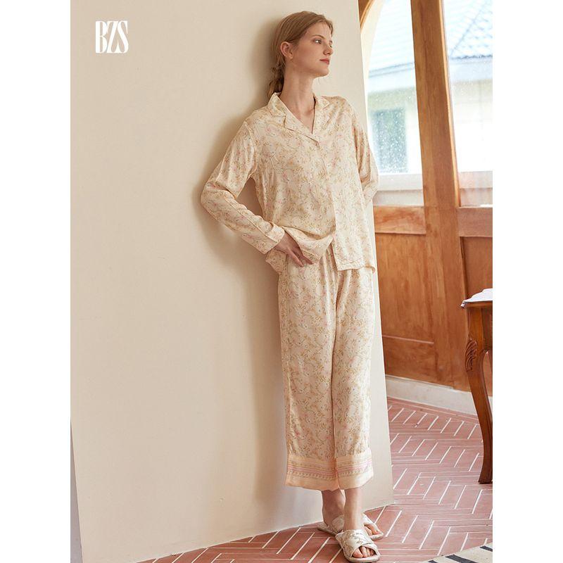 24 New Peter Pan Collar Women's Rayon Satin Floral Print Pajamas Suit Long Sleeves Pants Can Be Outerwear Homewear