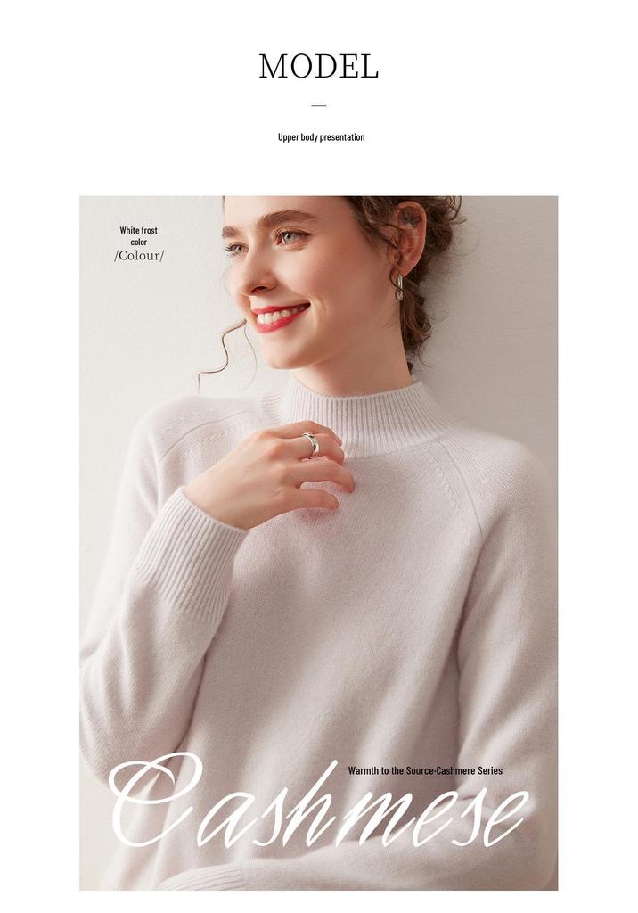 Women's Korean Style Cashmere Sweater - Half-high Collar, Solid Color, Short Raglan Sleeves, Perfect for Autumn and Winter.