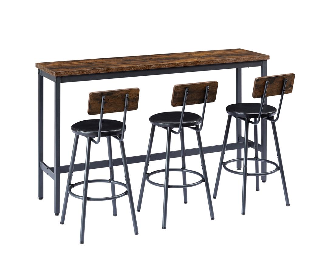 Long Bar Table with 3 Padded PU Bar Stools, Industrial Bar Table for the Kitchen, Breakfast Room, Living Room, Banquet Hall, Rustic Brown and Black