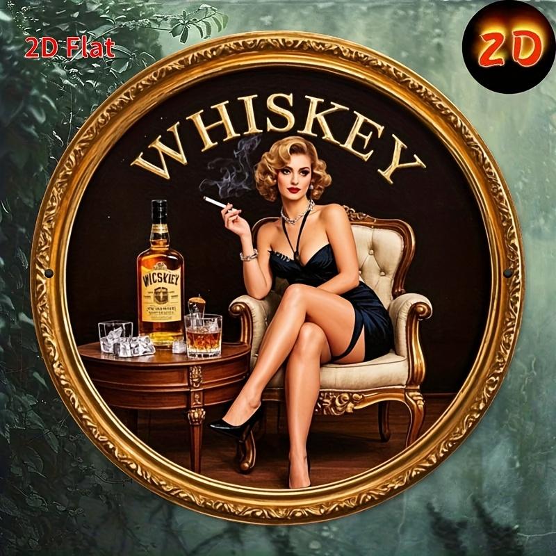 D Flat Printing Retro Whisky Lady Iron Sign Countrystyle Circular Metal Wall Art Suitable for Home Garage Cafe Decoration