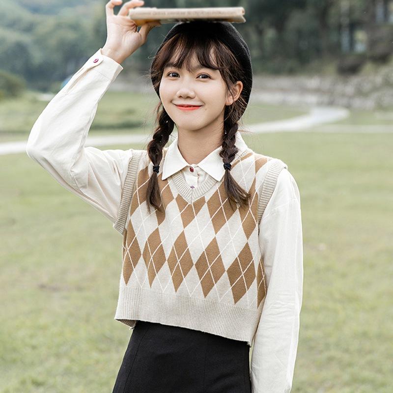 Svetr Vesta pro ženy Výstřih do V Volný střih pulovry Pletená vesta Preppy Style Argyle podzimní pletené zboží bez rukávů