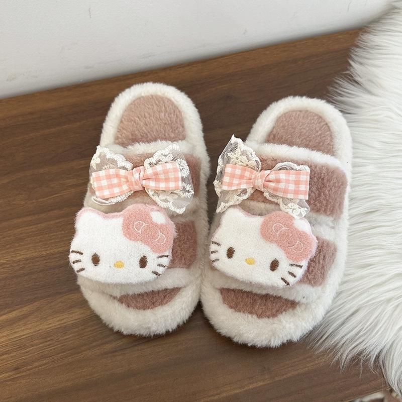 Vitality cute cartoon kitten fluffy slippers female 2025 autumn and winter fashion versatile casual one-word cotton slippers