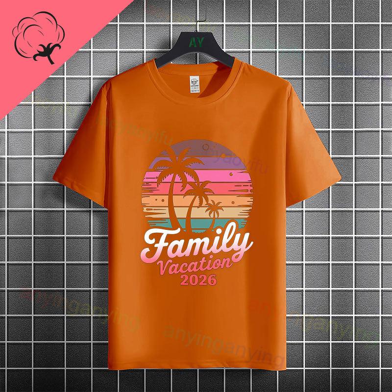 Unisex  Unisexs Family Vacation 2026 Graphic Tshirt With Retro Sunset Palm Tree Desgin Pure Cotton Short Sleeve Casual Tshirt