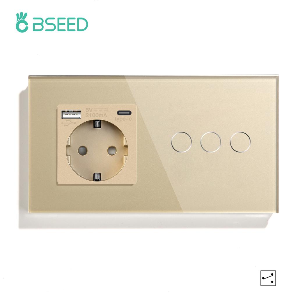 BSEED 1/2/3Gang Touch Light Switches 1/2/3Way Pass Through For Stairs Plus Wall Power Sockets USB Type-c Ports 2.1A EU Standard