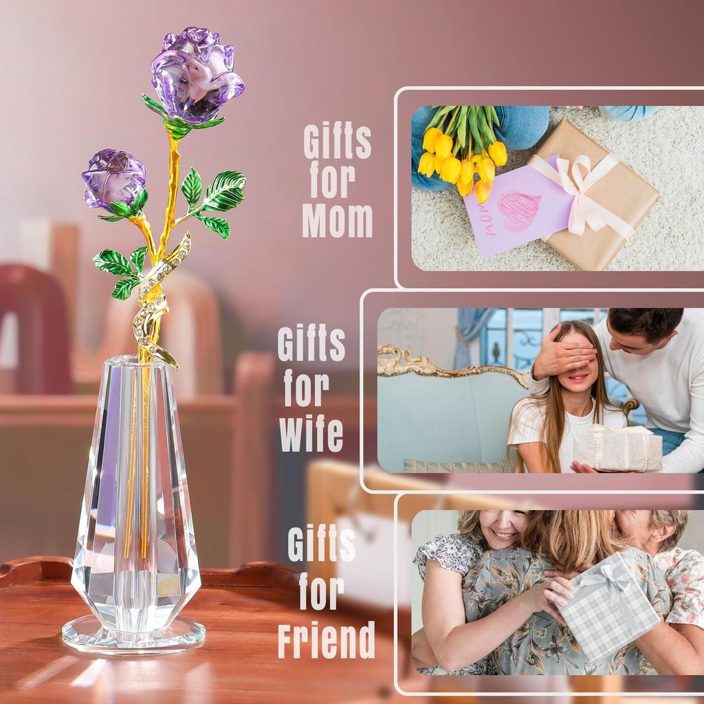 K9 Crystal Purple Rose Figurine for Purple Rose In a Romantic or Day Gift for Her or Friends Women, Never-Withering Vase, Birthday, Valentine's Day,