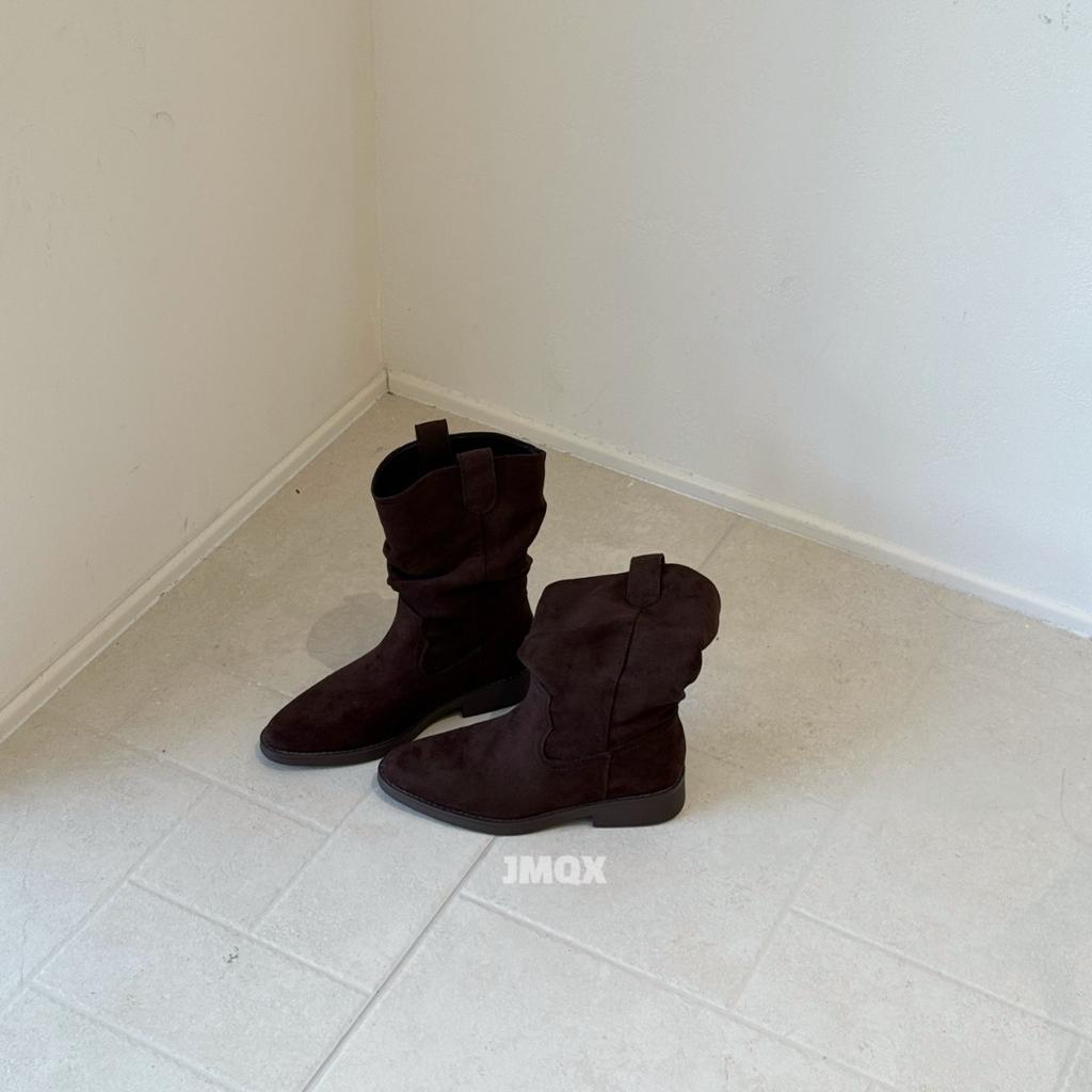 Vintage Suede Maillard Boots Women's Autumn and Winter Coarse Heel Pointed Pleated Pile Boots Western Cowboy Boots Short Boots