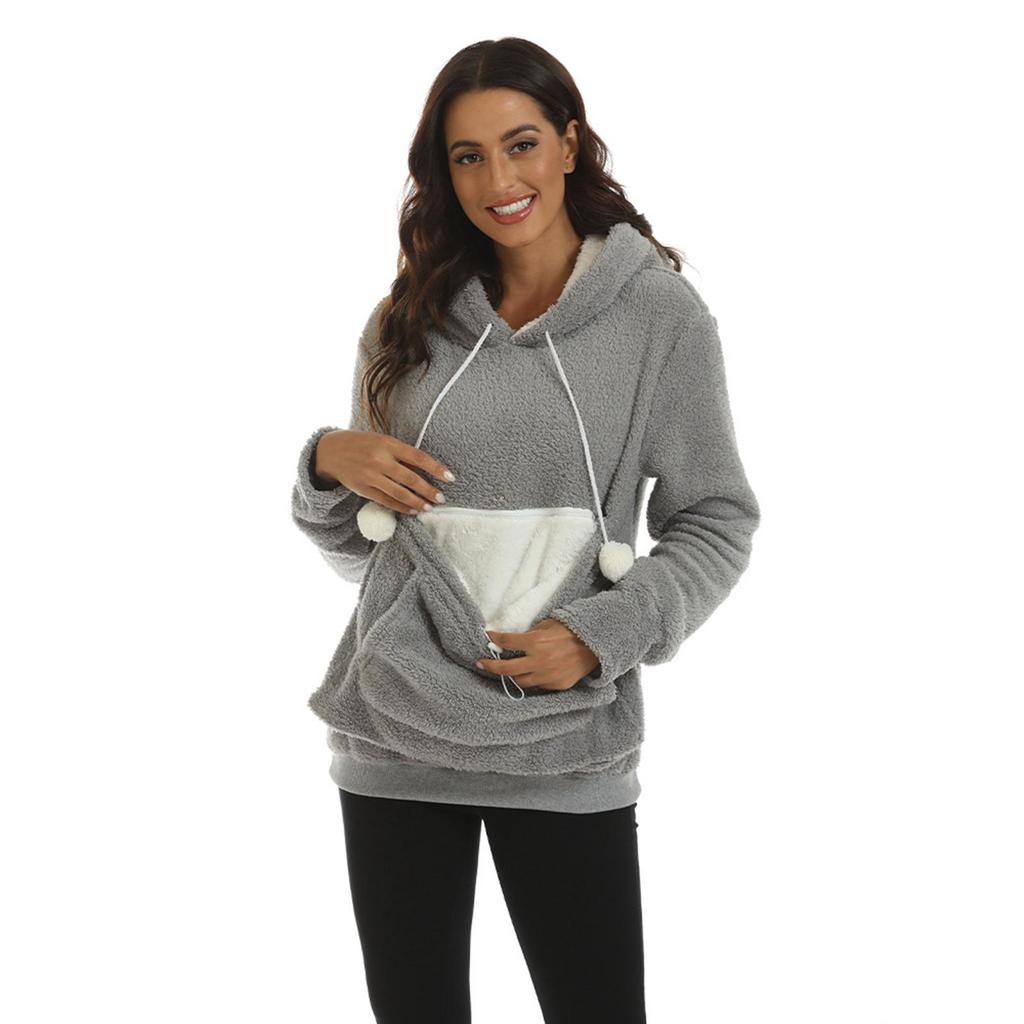 Felpa con cappuccio da donna, grande, con marsupio, autunno inverno, casual, per cani e gatti