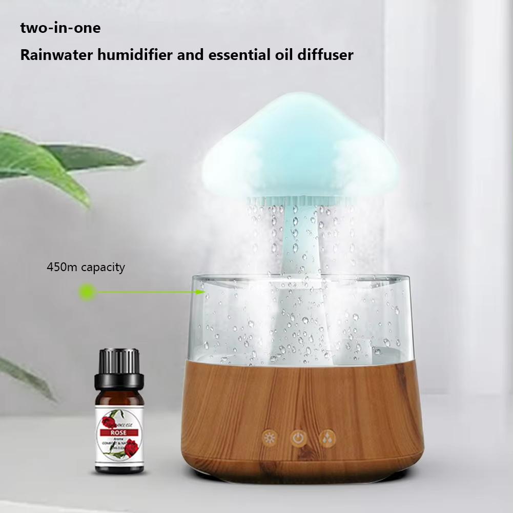 2 in 1 Raindrop Humidifier Aroma Diffuser Essential Oil Machine Home Wood Grain Large Capacity Mushroom Cloud Light Bedroom Mist