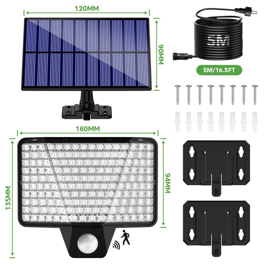 161 LED Solar Sensor Light Outdoor [3 Intelligent Modes] IP65 Waterproof 1800mAh 2000 Lumens Ultra Bright Security Light with Remote Control Wall