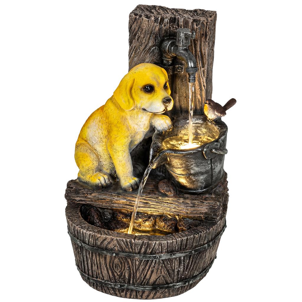 Garden Water Feature with 3-Tier Rustic Puppy Design, Freestanding Resin with LED Lights, Adjustable Flow, Rustic Brown
