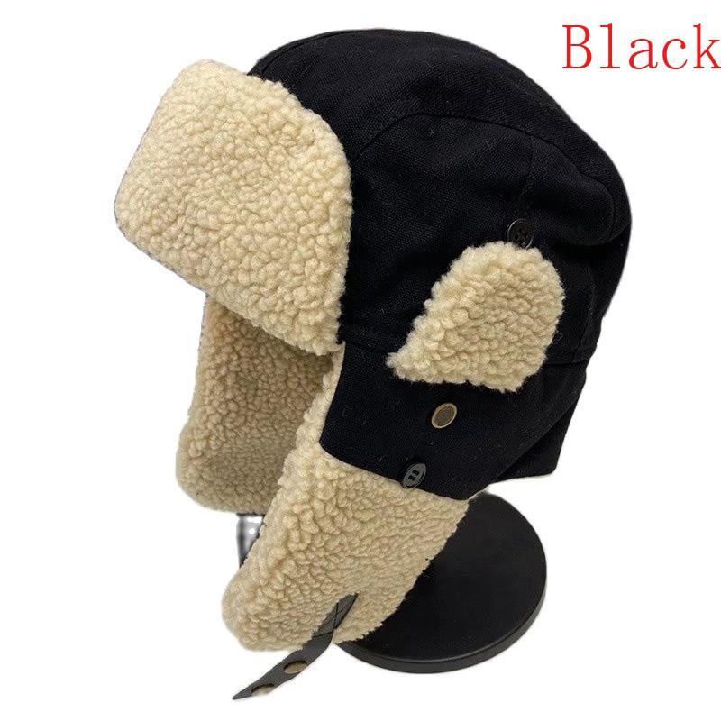 Unisex Winter Warm Aviator Hat With Ear Protection Canvas Fleece Lined Beanie Skiing Cycling Outdoor