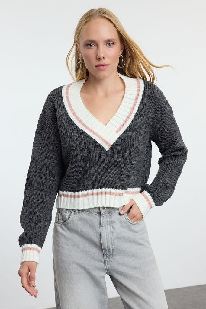 Women's Elegance Style Sweater Petrol Crop College Themed Knitwear Sweater