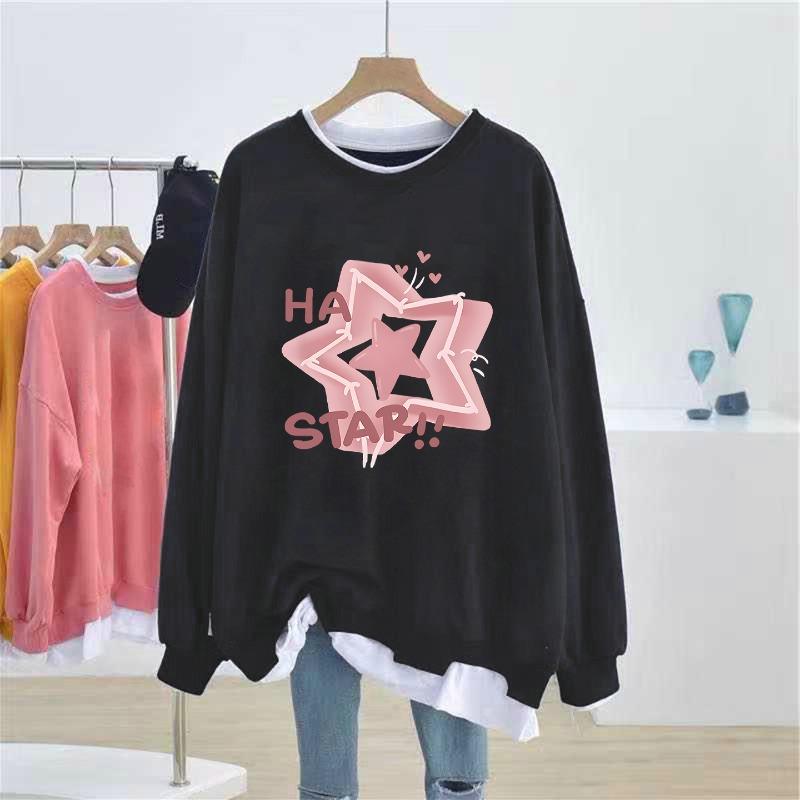 Star Print Fake Two Women's Plus Size Hoodie Long Sleeved Round Neck Sweatshirt  Autumn Warm Woman Loose Casual Top