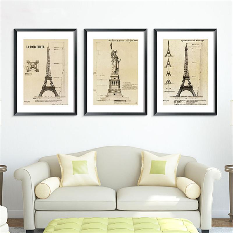 Triptiek Retro Amerikaans Vrijheidsbeeld Canvas Schilderij Muurposter Parijs Eiffeltoren Architectuur Tekeningen Woondecoratie
