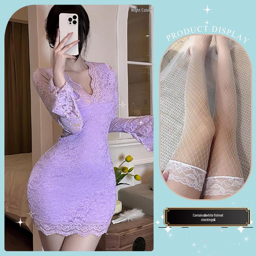 Jin Xiao Sexy French Lace Bell Sleeve Purple Dress with Slimming Waist and Hip-Hugging Design.