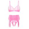 Womens Wet Look Patent Leather Lingerie Set Wire-free No Pad Bra Top High Waist Open Crotch Thong with Garter Clips for Clubwear