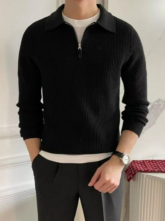 Men's Autumn/Winter Half-Zip Ribbed Knit Polo Sweater
