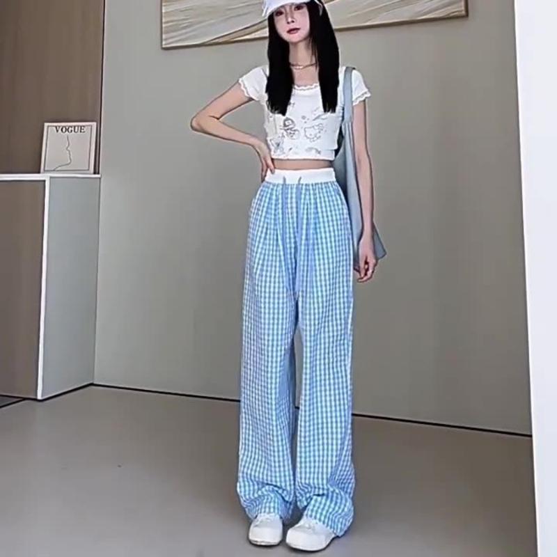 

Dopamine textured grid trousers for women, summer lightweight drape-textured wide-leg pants casual relaxed straight leg One Size синий