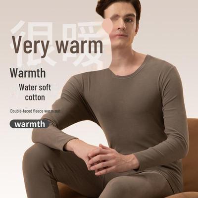 Men's Thermal Underwear Set: Combed Cotton, Double-Sided Velvet, Round Neck, Long Sleeve, Autumn/Winter