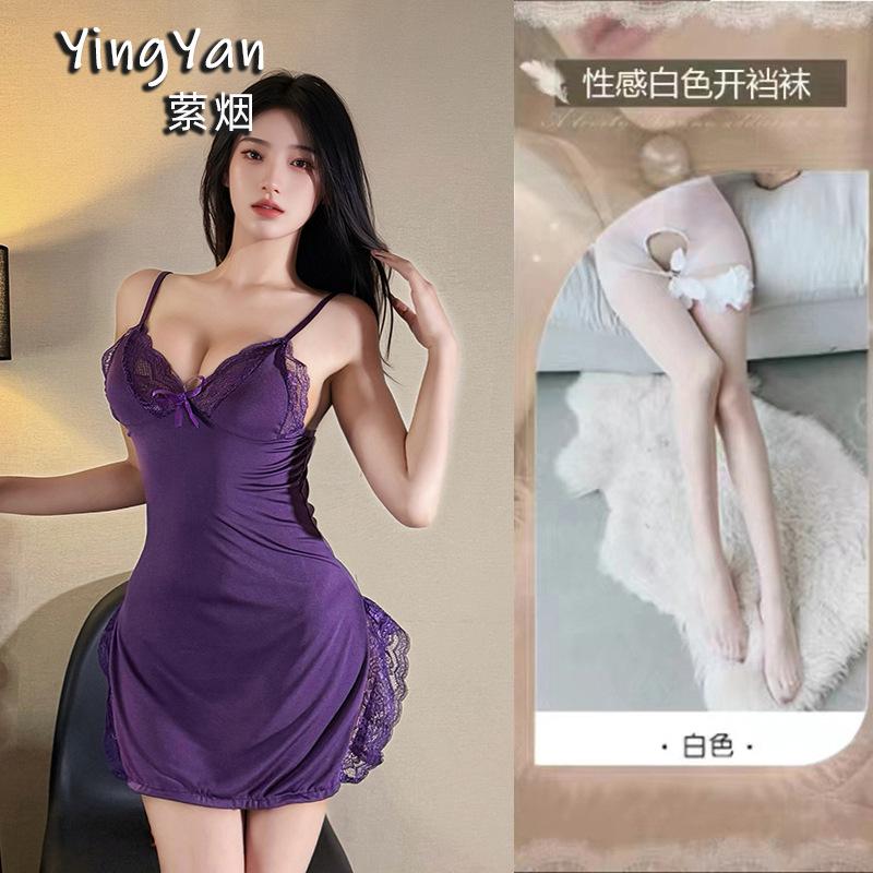 European and American erotic underwear high-end large size sexy female mood split lace suspender nightdress qqny pure desire wind