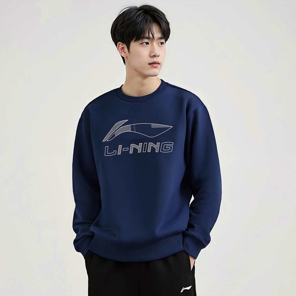 Li Ning Sweatshirts Men's Dark Bowl Blue Crew Neck Moderate AWDVJ29-3