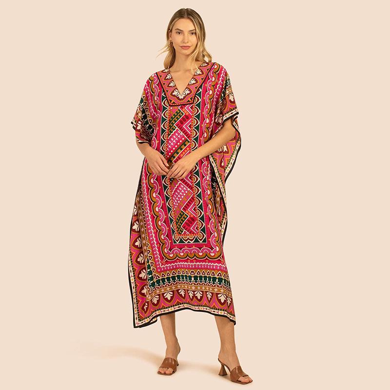 Europäischer & Amerikanischer Urlaubs-Strandüberwurf: Langer Morgenmantel mit Positionierungsdruck Badeanzug Damenkleid.