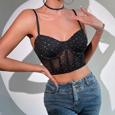 Women's Fashion Sexy Nightclub Style Sequin Corset Longline Underwire Push Up Bra Sheer See Through Brassiere Slim Fit Midriff Baring Crop Top