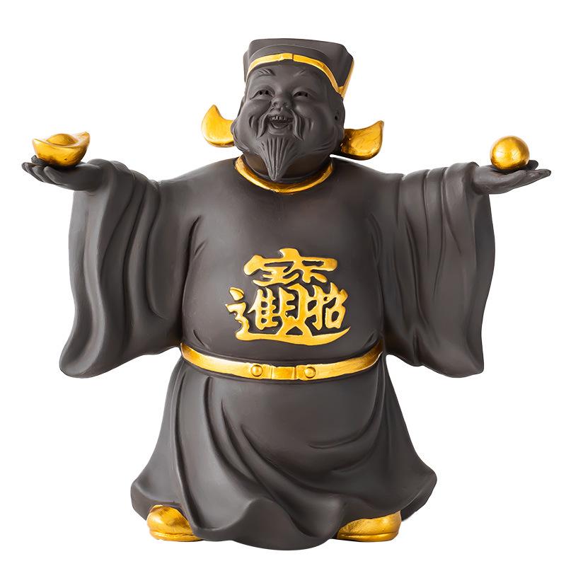 Zisha God of Wealth Tea Pet Figurine - Attracts Wealth & Treasure, Decorates Tea Table, and Grows with Tea; Includes Lid Holder Accessory