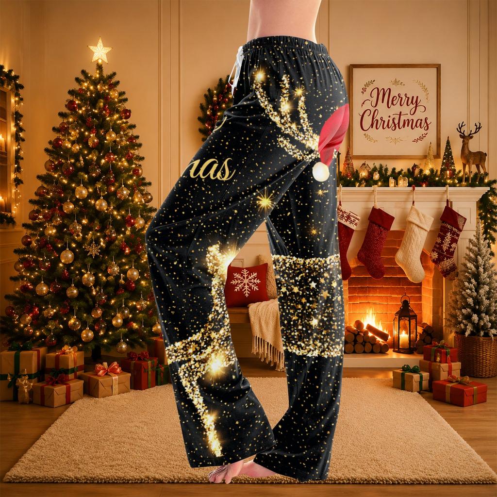 Kadın Yılbaşı Baskılı Pijama Pantolonu - Uyku ve Günlük Tatil Giyimi İçin